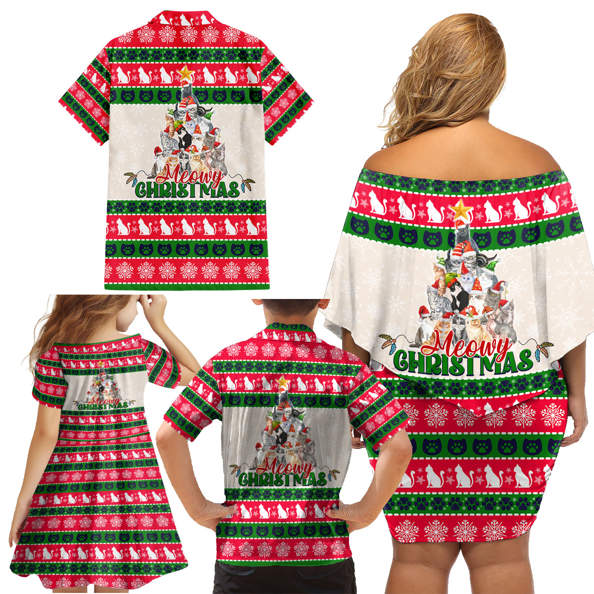 Merry Christmas Cat Family Matching Off Shoulder Short Dress and Hawaiian Shirt Meowy Catmas Xmas Tree - Wonder Print Shop