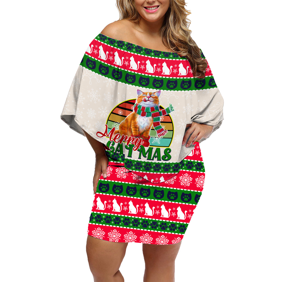Merry Christmas Cat Family Matching Off Shoulder Short Dress and Hawaiian Shirt Meowy Catmas Xmas Tree - Wonder Print Shop