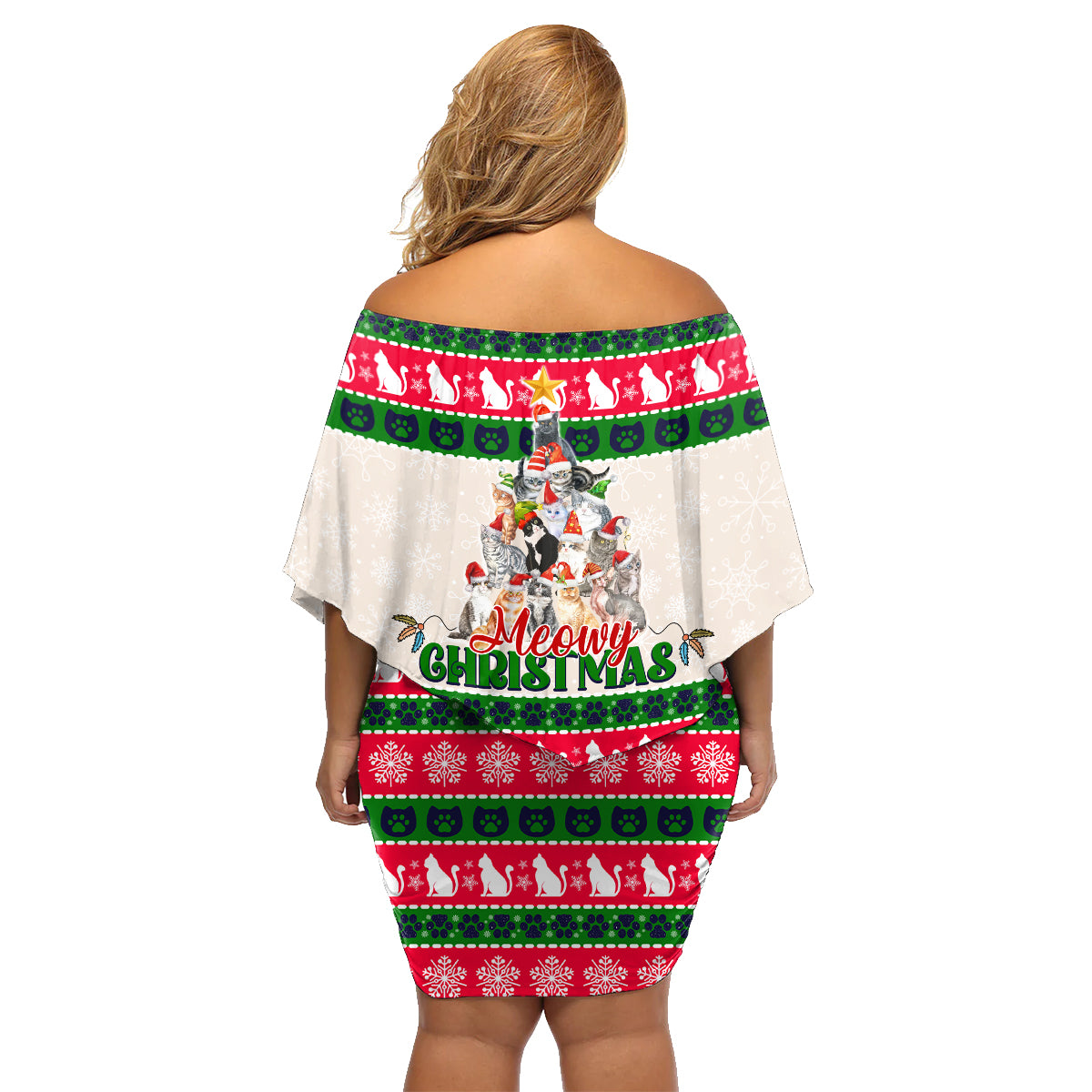 Merry Christmas Cat Family Matching Off Shoulder Short Dress and Hawaiian Shirt Meowy Catmas Xmas Tree - Wonder Print Shop