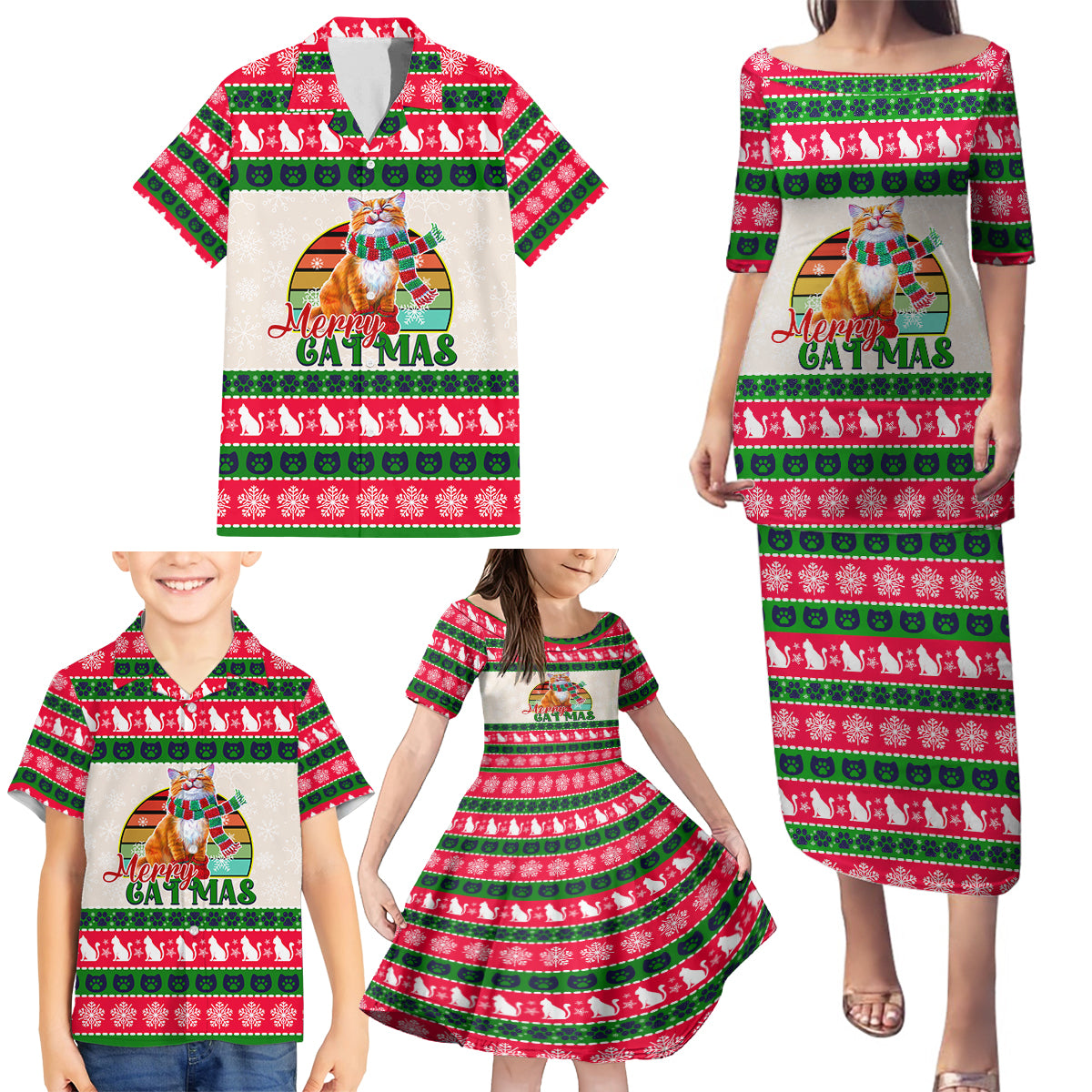 Merry Christmas Cat Family Matching Puletasi Dress and Hawaiian Shirt Meowy Catmas Xmas Tree - Wonder Print Shop