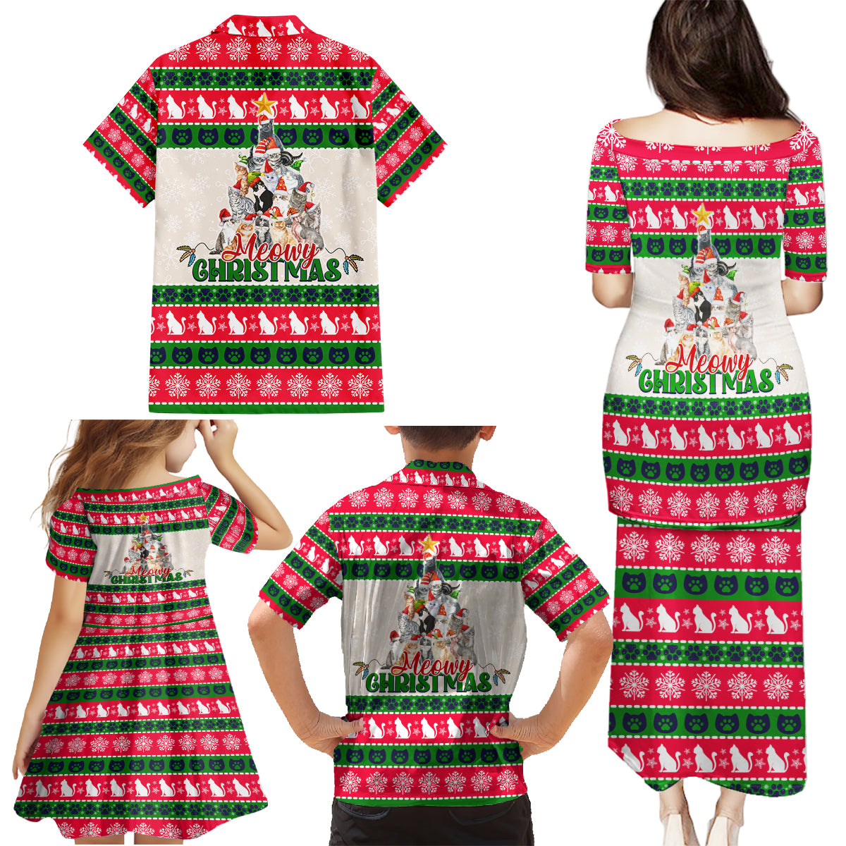 Merry Christmas Cat Family Matching Puletasi Dress and Hawaiian Shirt Meowy Catmas Xmas Tree - Wonder Print Shop