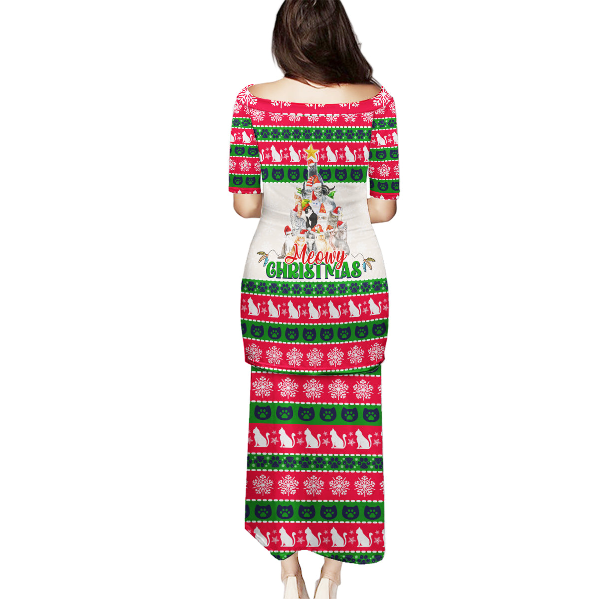 Merry Christmas Cat Family Matching Puletasi Dress and Hawaiian Shirt Meowy Catmas Xmas Tree - Wonder Print Shop