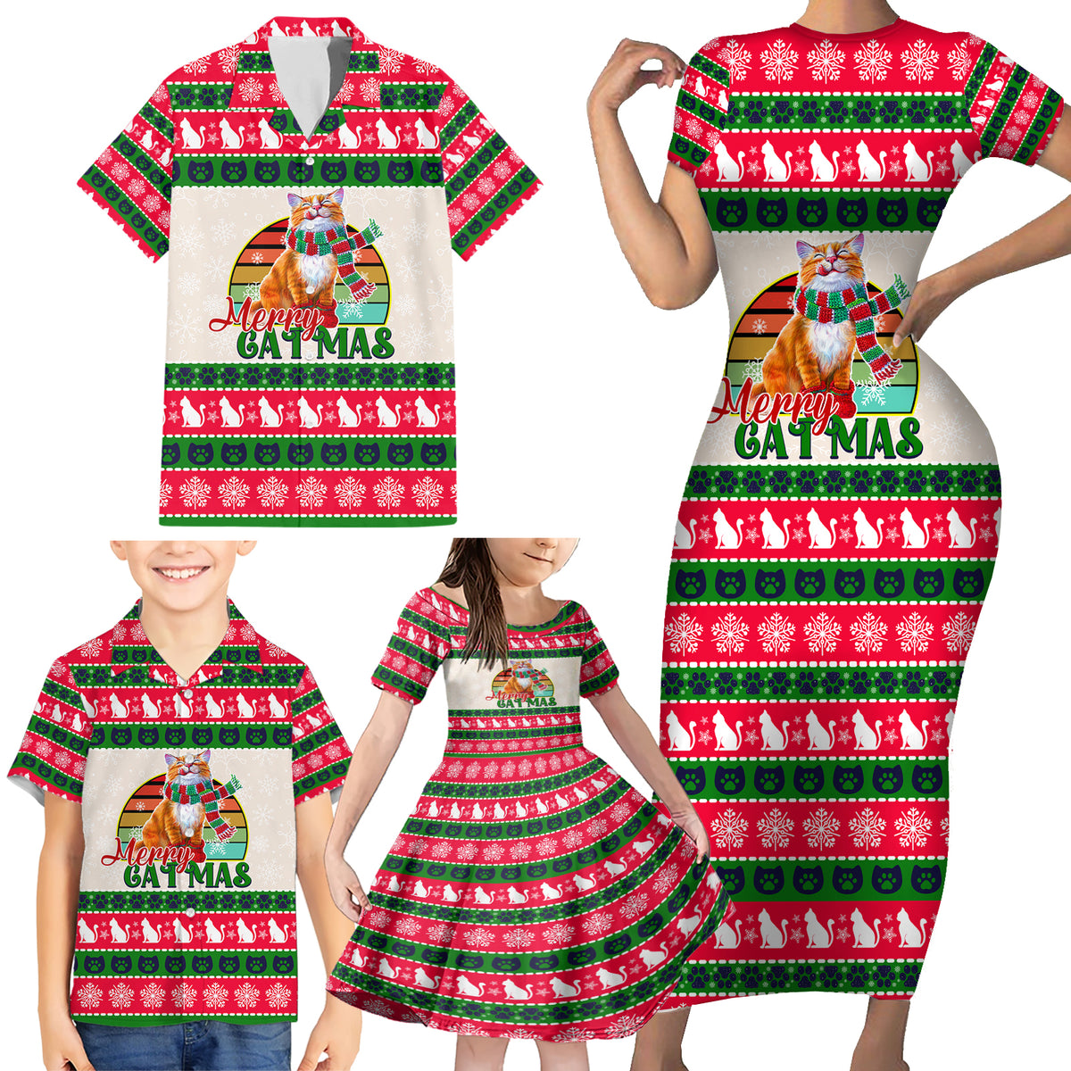 Merry Christmas Cat Family Matching Short Sleeve Bodycon Dress and Hawaiian Shirt Meowy Catmas Xmas Tree - Wonder Print Shop