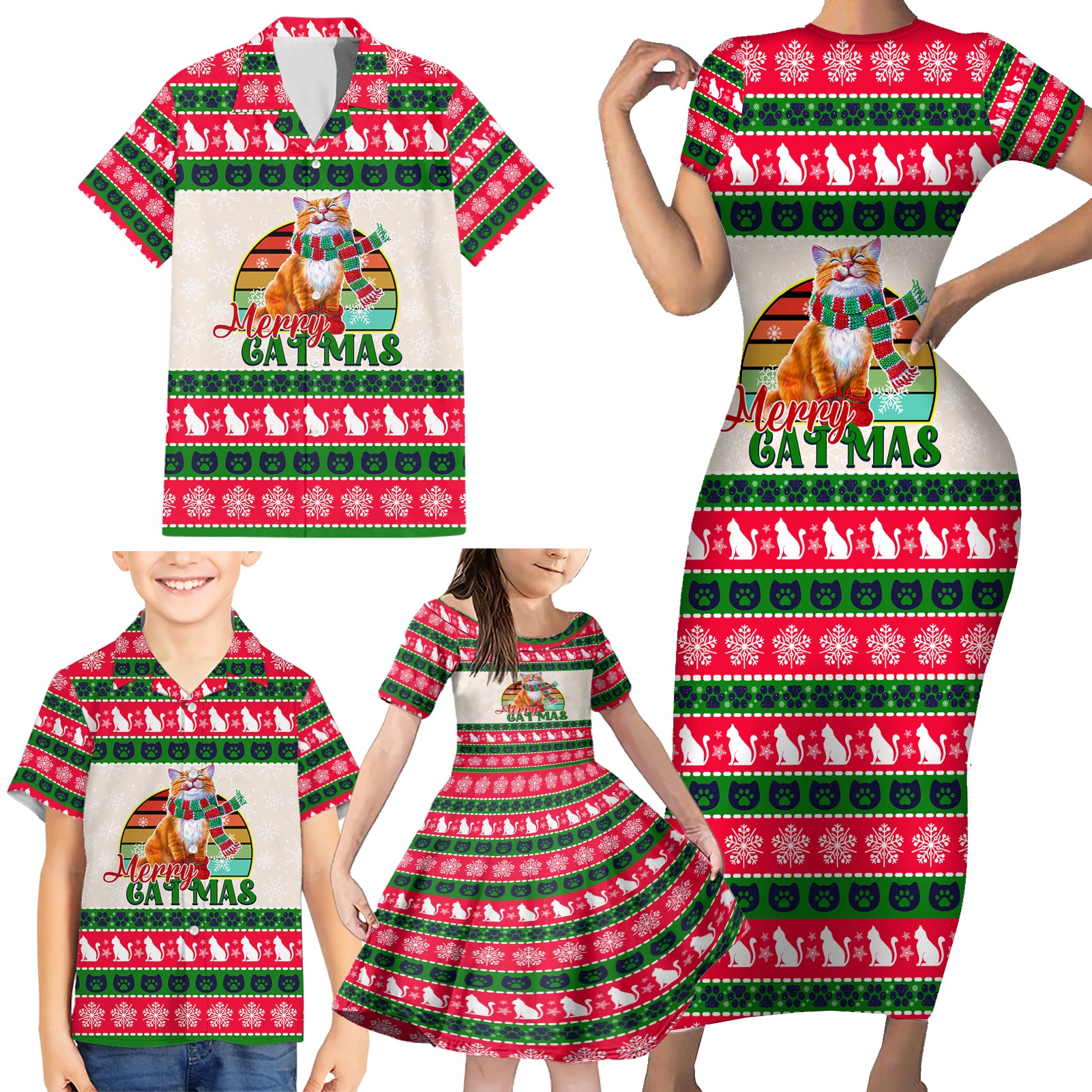 Merry Christmas Cat Family Matching Short Sleeve Bodycon Dress and Hawaiian Shirt Meowy Catmas Xmas Tree - Wonder Print Shop