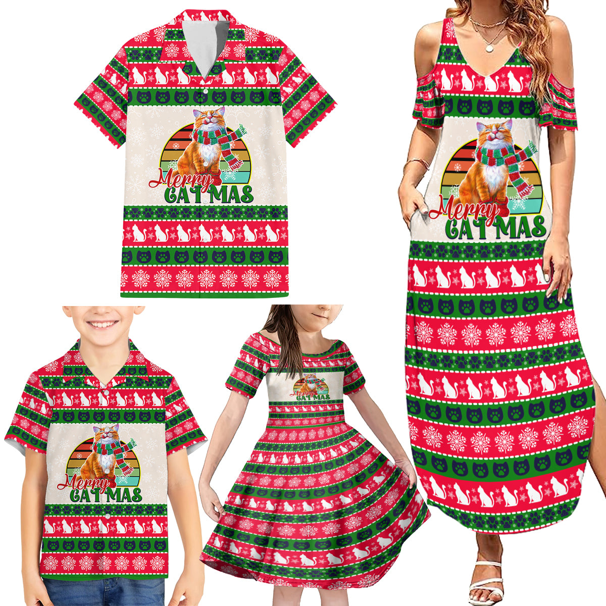 Merry Christmas Cat Family Matching Summer Maxi Dress and Hawaiian Shirt Meowy Catmas Xmas Tree - Wonder Print Shop