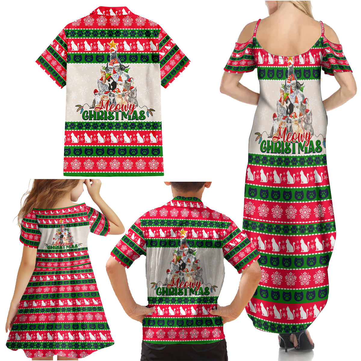 Merry Christmas Cat Family Matching Summer Maxi Dress and Hawaiian Shirt Meowy Catmas Xmas Tree - Wonder Print Shop