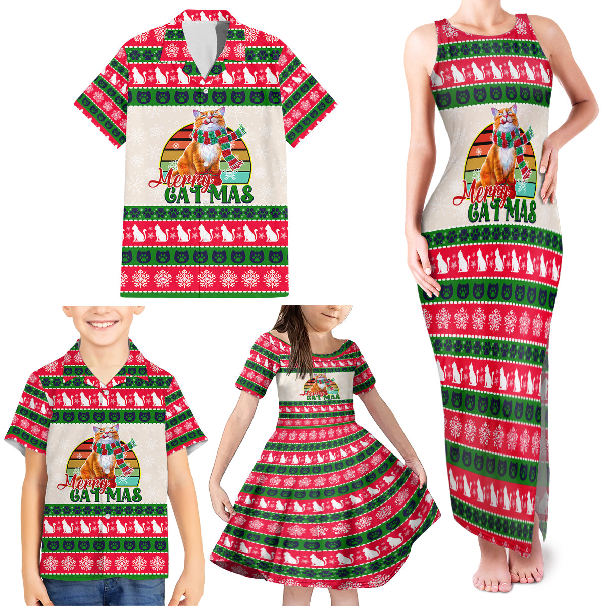 Merry Christmas Cat Family Matching Tank Maxi Dress and Hawaiian Shirt Meowy Catmas Xmas Tree - Wonder Print Shop