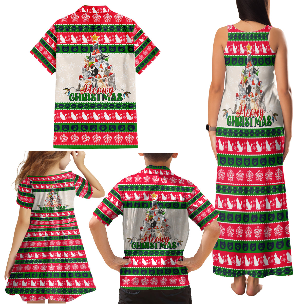 Merry Christmas Cat Family Matching Tank Maxi Dress and Hawaiian Shirt Meowy Catmas Xmas Tree - Wonder Print Shop
