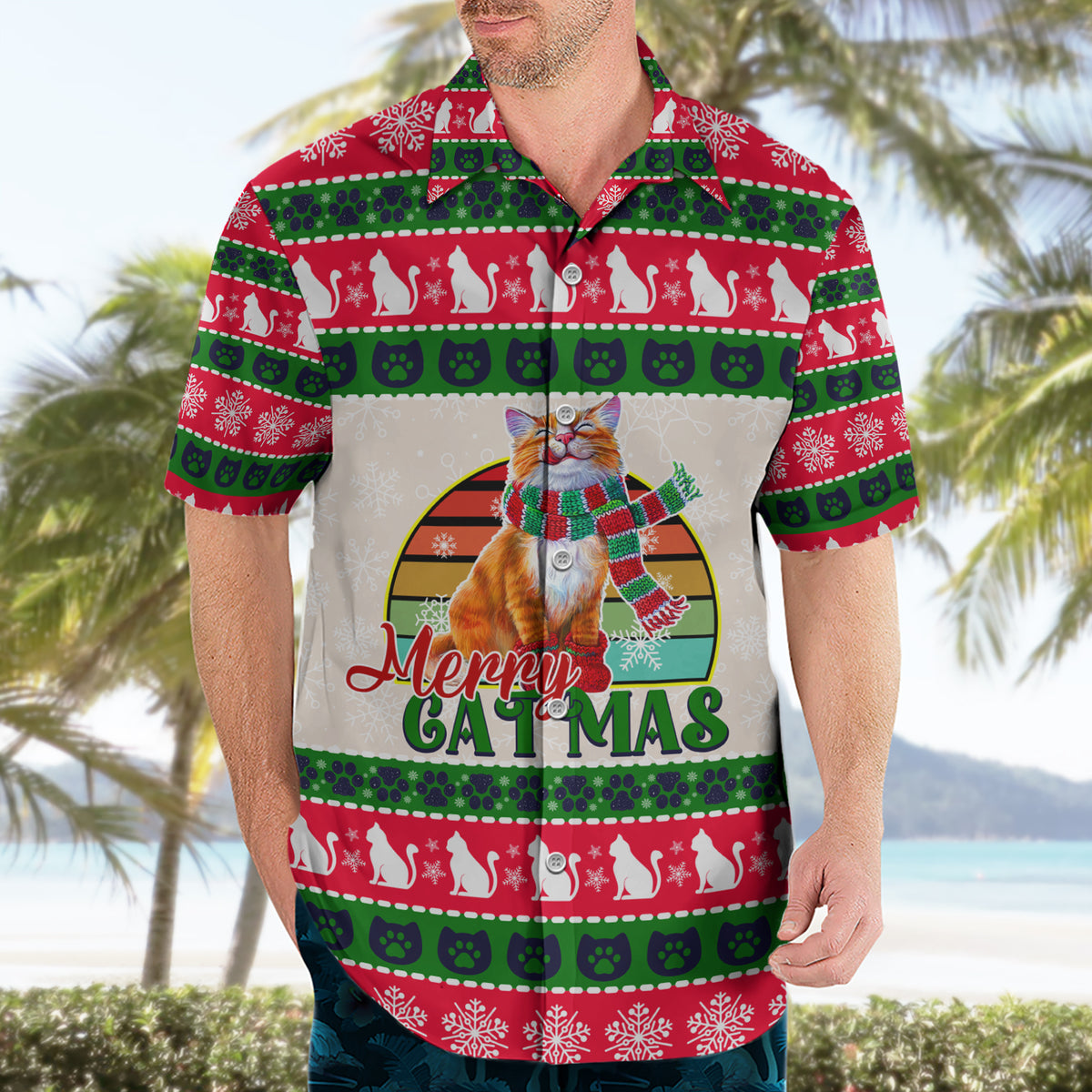 Merry Christmas Cat Hawaiian Shirt Meowy Catmas Xmas Tree - Wonder Print Shop