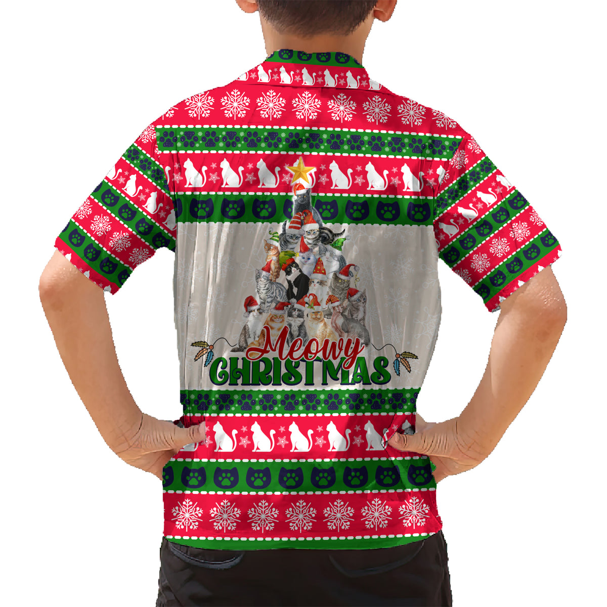 Merry Christmas Cat Hawaiian Shirt Meowy Catmas Xmas Tree - Wonder Print Shop