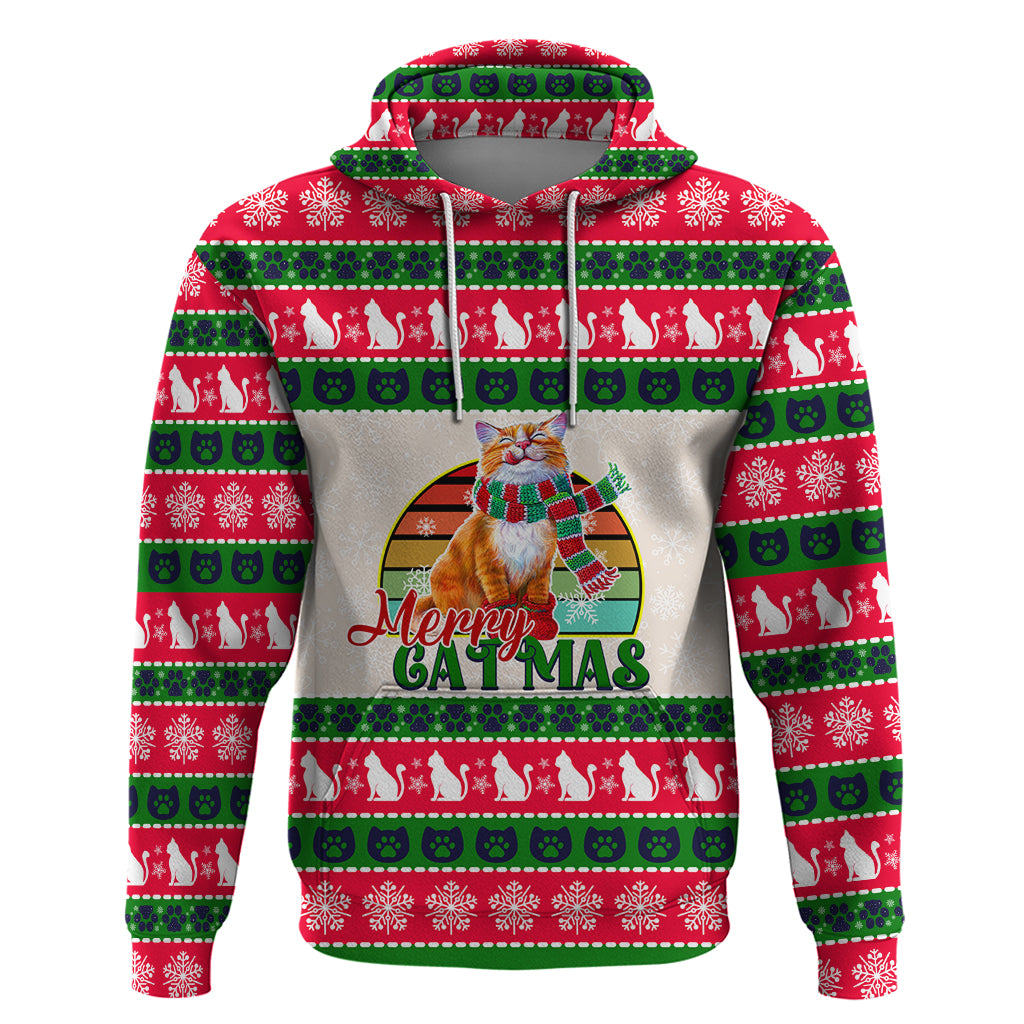 Merry Christmas Cat Hoodie Meowy Catmas Xmas Tree - Wonder Print Shop