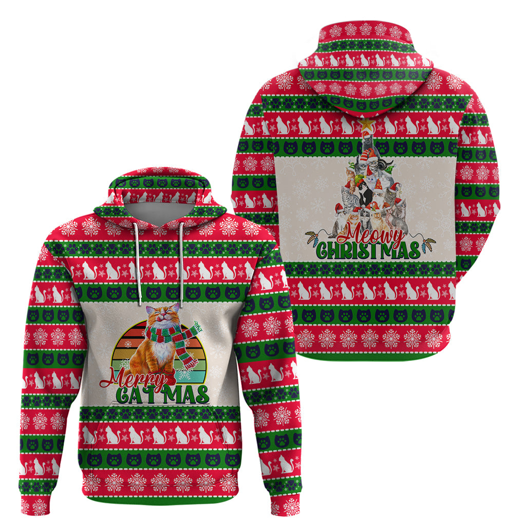 Merry Christmas Cat Hoodie Meowy Catmas Xmas Tree - Wonder Print Shop