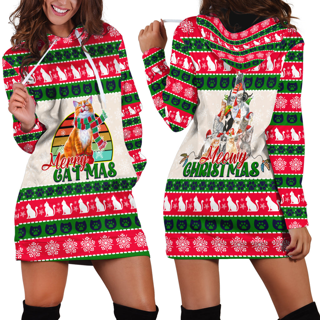 Merry Christmas Cat Hoodie Dress Meowy Catmas Xmas Tree - Wonder Print Shop