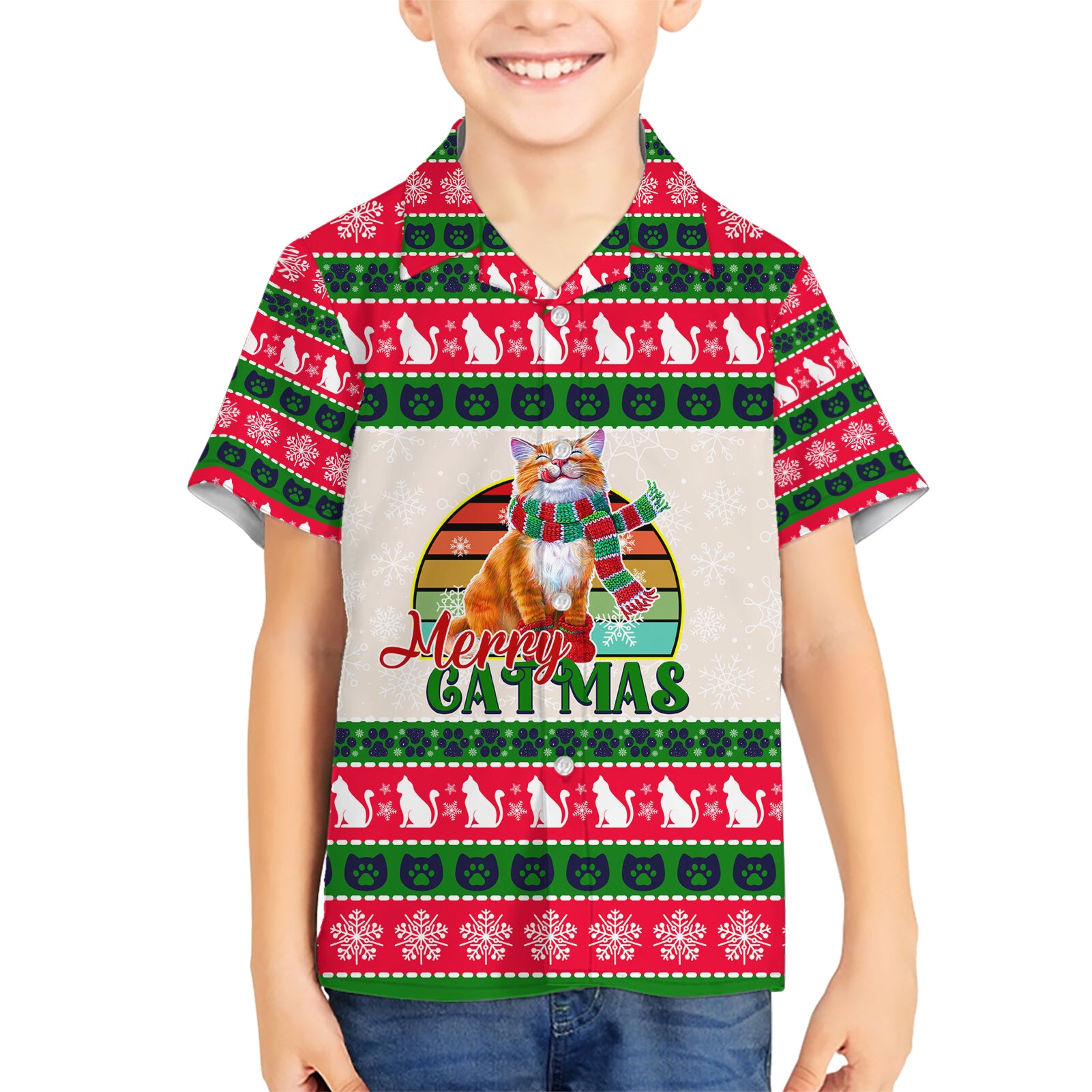 Merry Christmas Cat Kid Hawaiian Shirt Meowy Catmas Xmas Tree - Wonder Print Shop