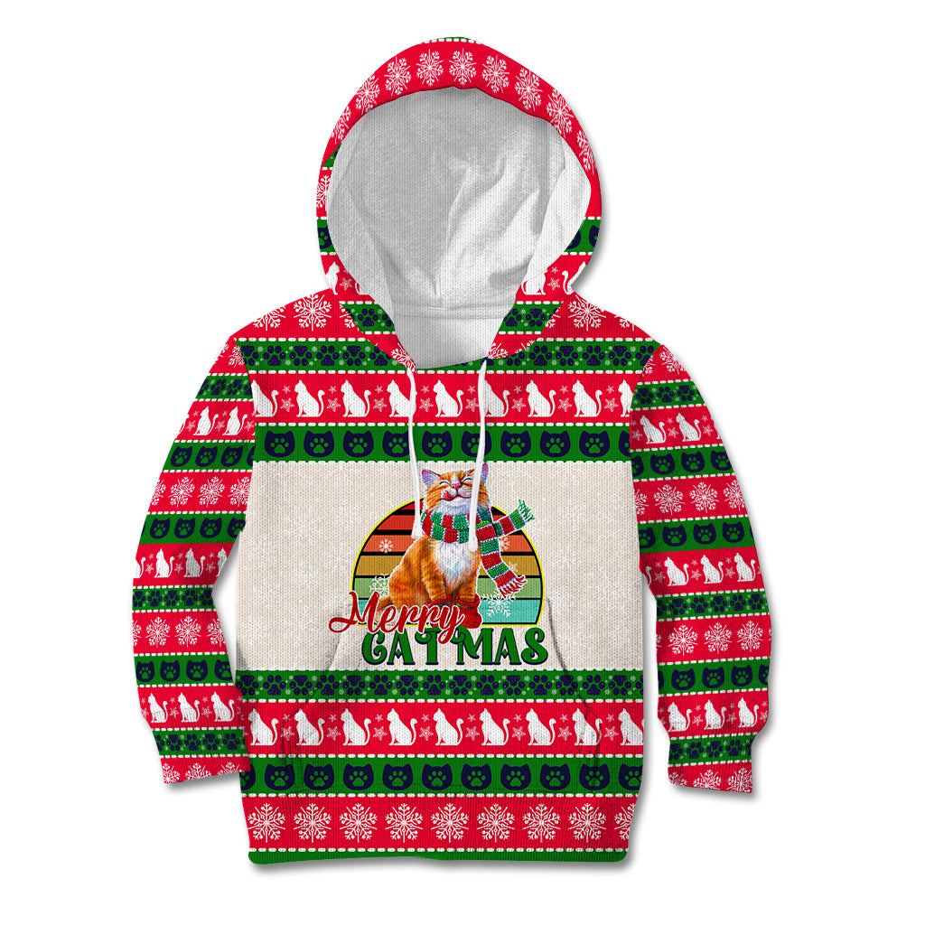 Merry Christmas Cat Kid Hoodie Meowy Catmas Xmas Tree - Wonder Print Shop