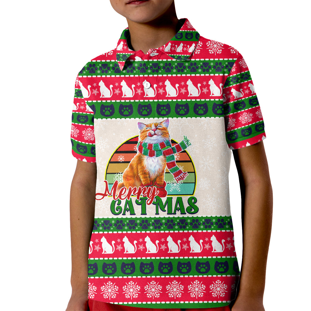 Merry Christmas Cat Kid Polo Shirt Meowy Catmas Xmas Tree - Wonder Print Shop