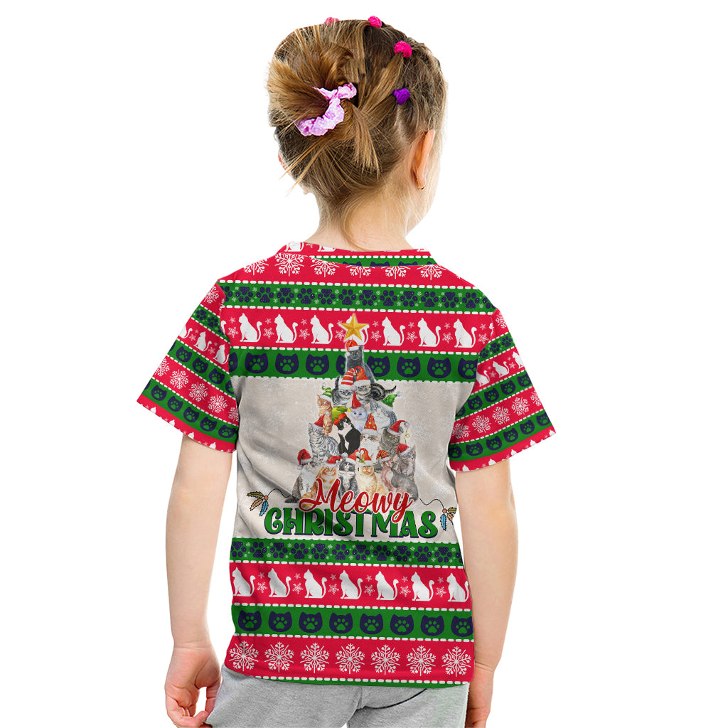 Merry Christmas Cat Kid T Shirt Meowy Catmas Xmas Tree - Wonder Print Shop