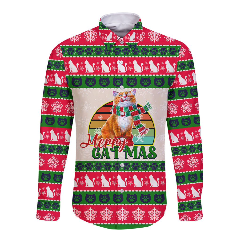 Merry Christmas Cat Long Sleeve Button Shirt Meowy Catmas Xmas Tree - Wonder Print Shop