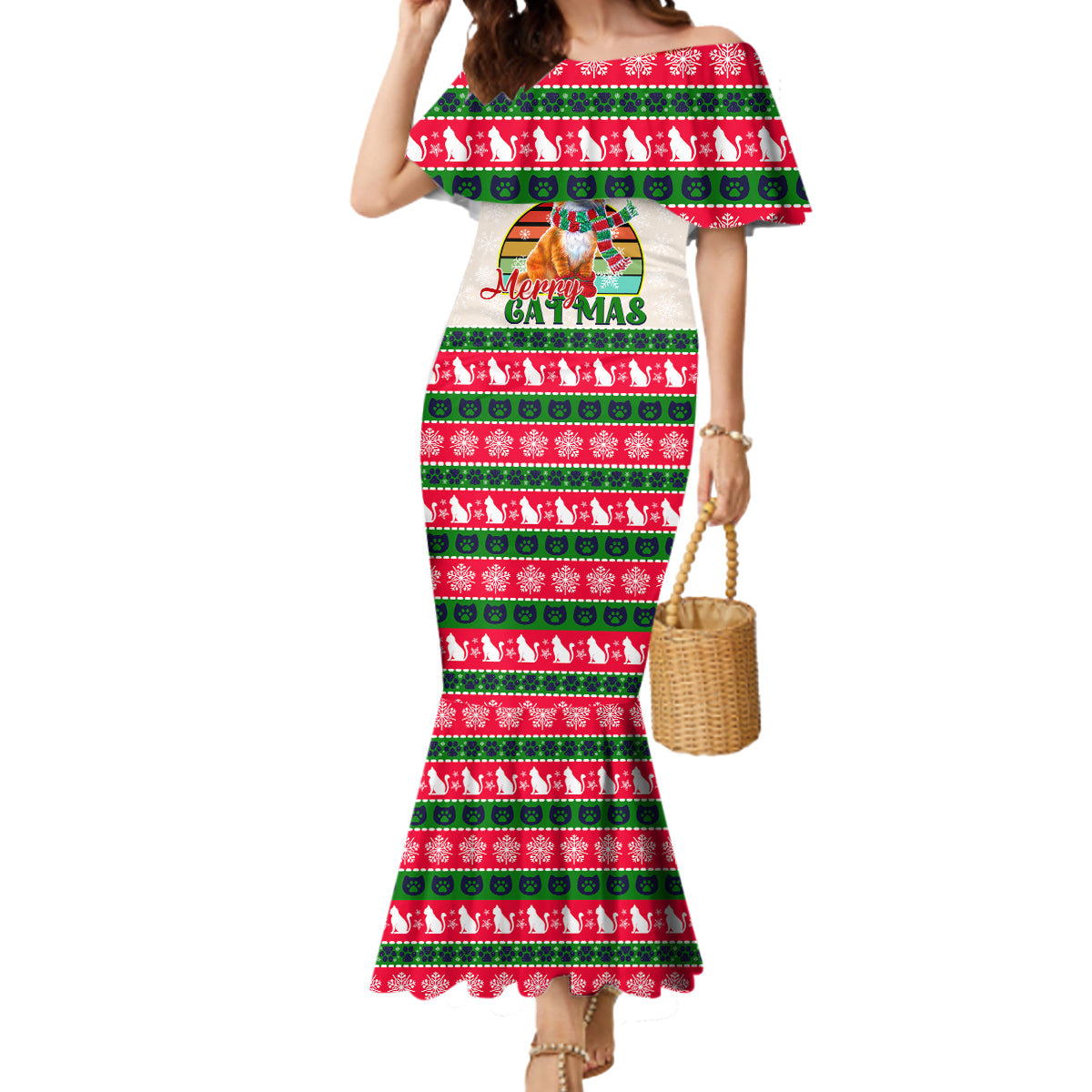 Merry Christmas Cat Mermaid Dress Meowy Catmas Xmas Tree - Wonder Print Shop