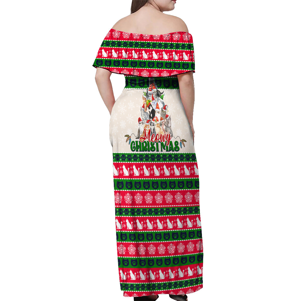 Merry Christmas Cat Off Shoulder Maxi Dress Meowy Catmas Xmas Tree - Wonder Print Shop