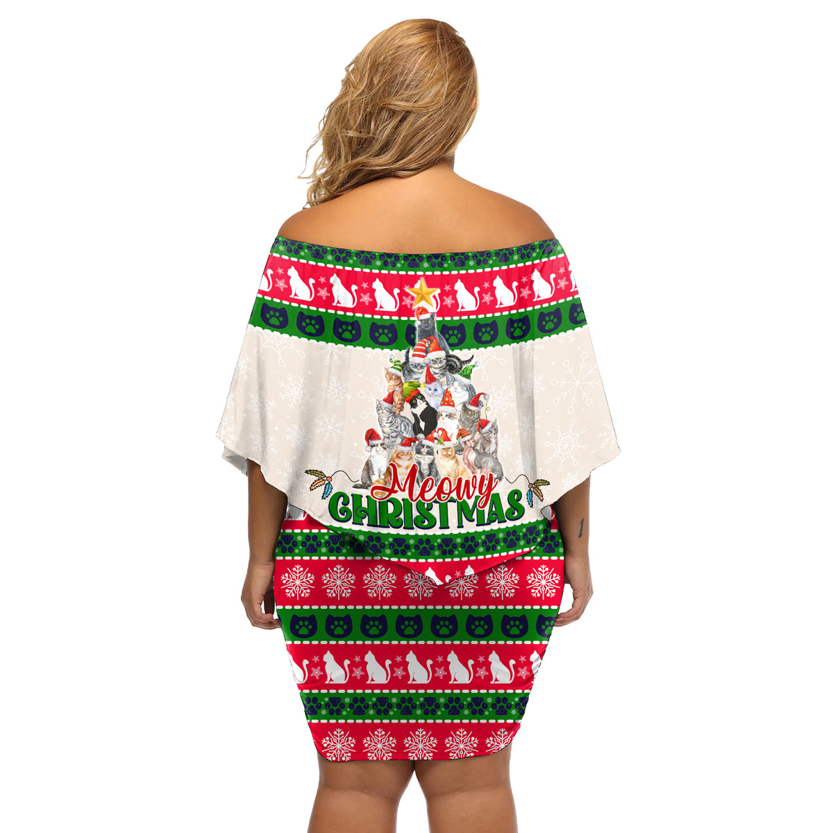 Merry Christmas Cat Off Shoulder Short Dress Meowy Catmas Xmas Tree - Wonder Print Shop