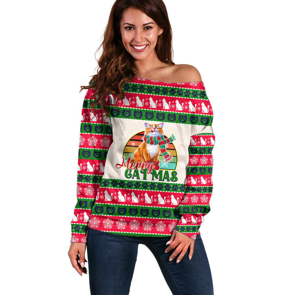 Merry Christmas Cat Off Shoulder Sweater Meowy Catmas Xmas Tree - Wonder Print Shop