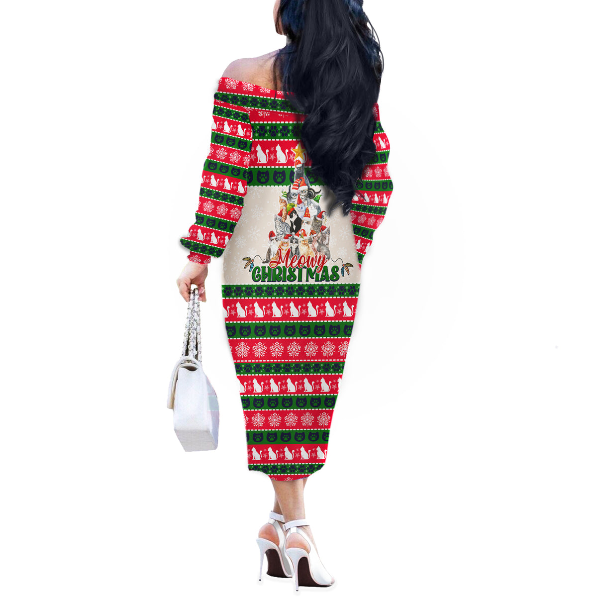 Merry Christmas Cat Off The Shoulder Long Sleeve Dress Meowy Catmas Xmas Tree - Wonder Print Shop