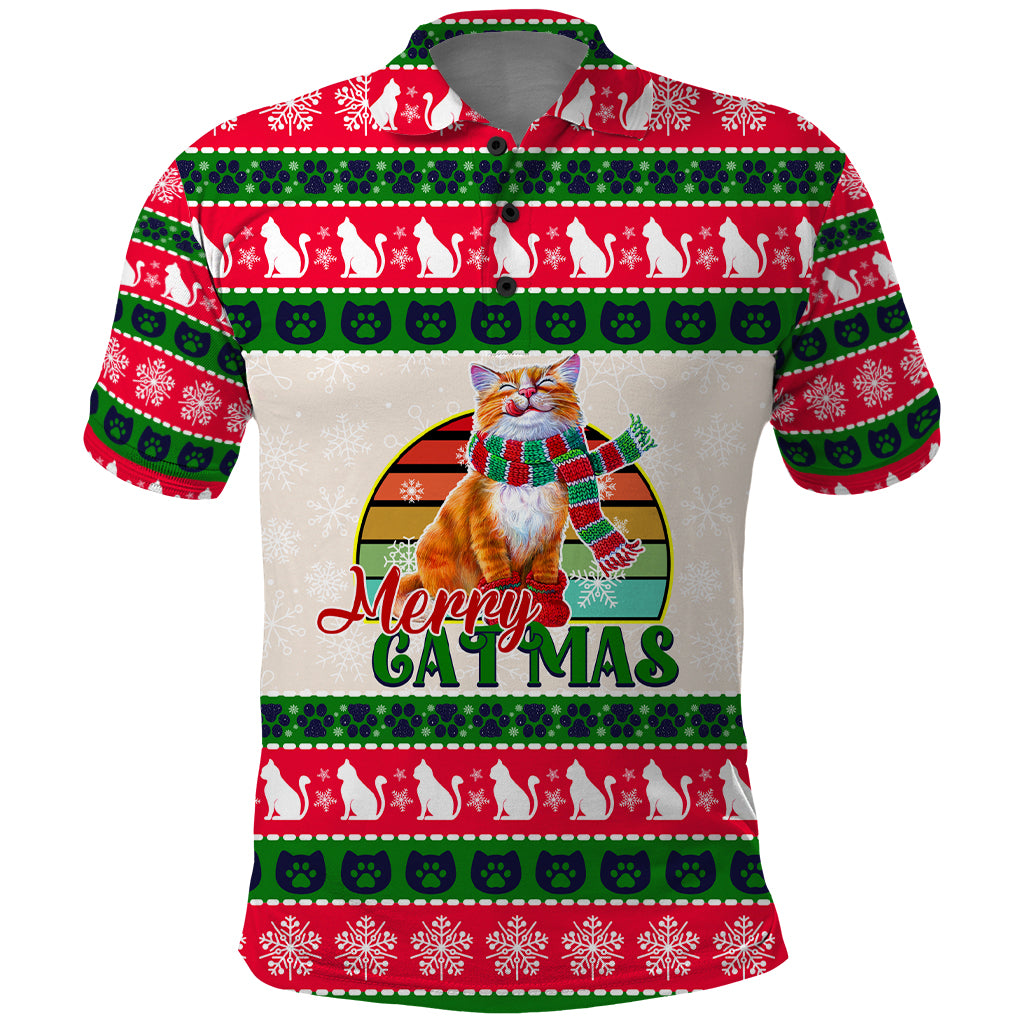 Merry Christmas Cat Polo Shirt Meowy Catmas Xmas Tree - Wonder Print Shop