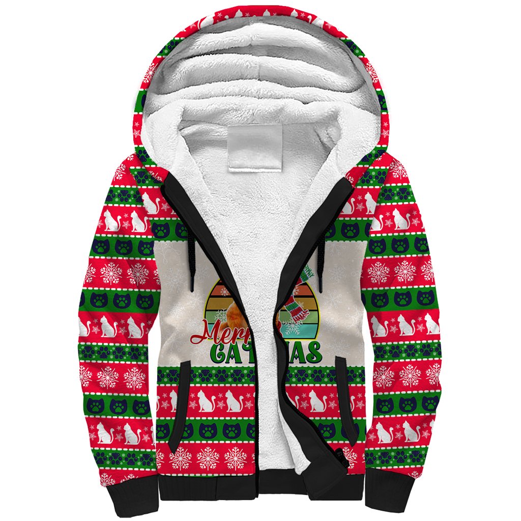 Merry Christmas Cat Sherpa Hoodie Meowy Catmas Xmas Tree - Wonder Print Shop