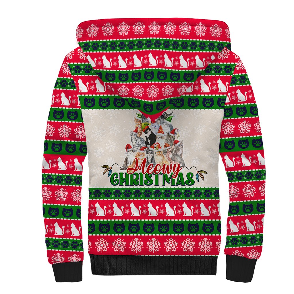 Merry Christmas Cat Sherpa Hoodie Meowy Catmas Xmas Tree - Wonder Print Shop
