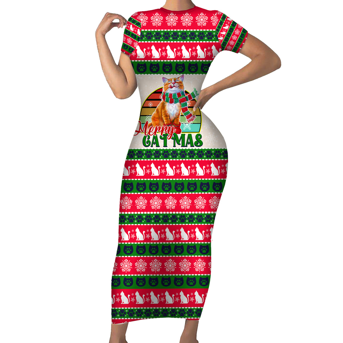 Merry Christmas Cat Short Sleeve Bodycon Dress Meowy Catmas Xmas Tree - Wonder Print Shop