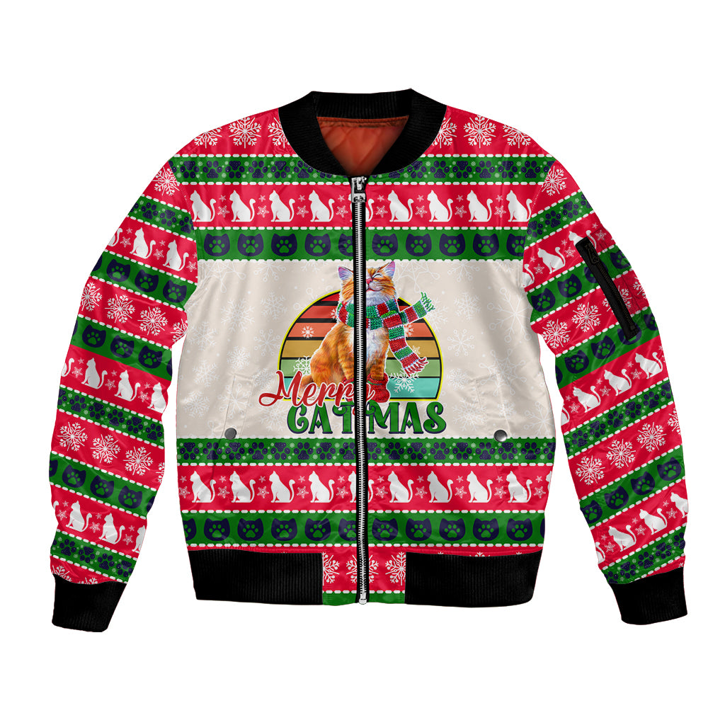 Merry Christmas Cat Sleeve Zip Bomber Jacket Meowy Catmas Xmas Tree - Wonder Print Shop
