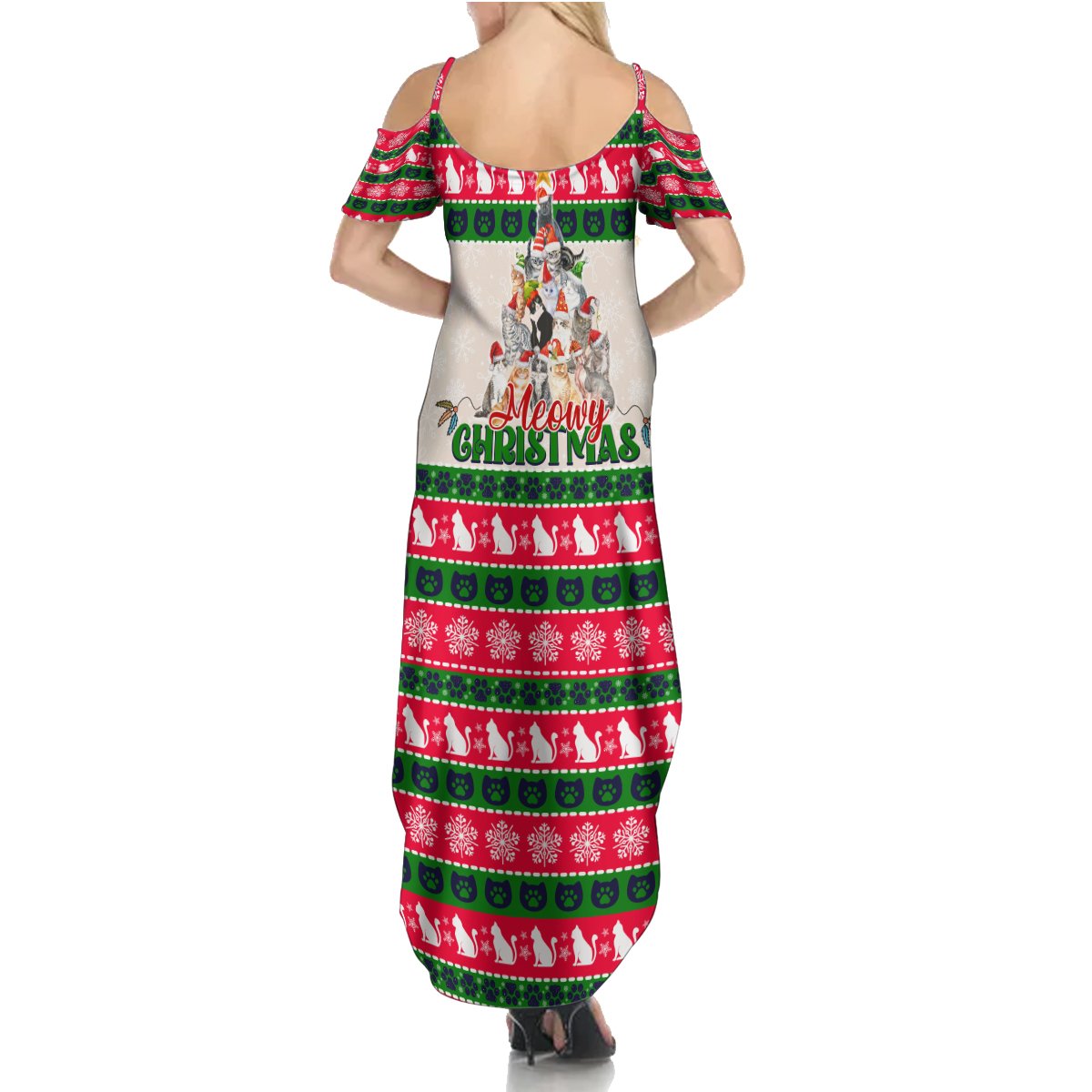 Merry Christmas Cat Summer Maxi Dress Meowy Catmas Xmas Tree - Wonder Print Shop
