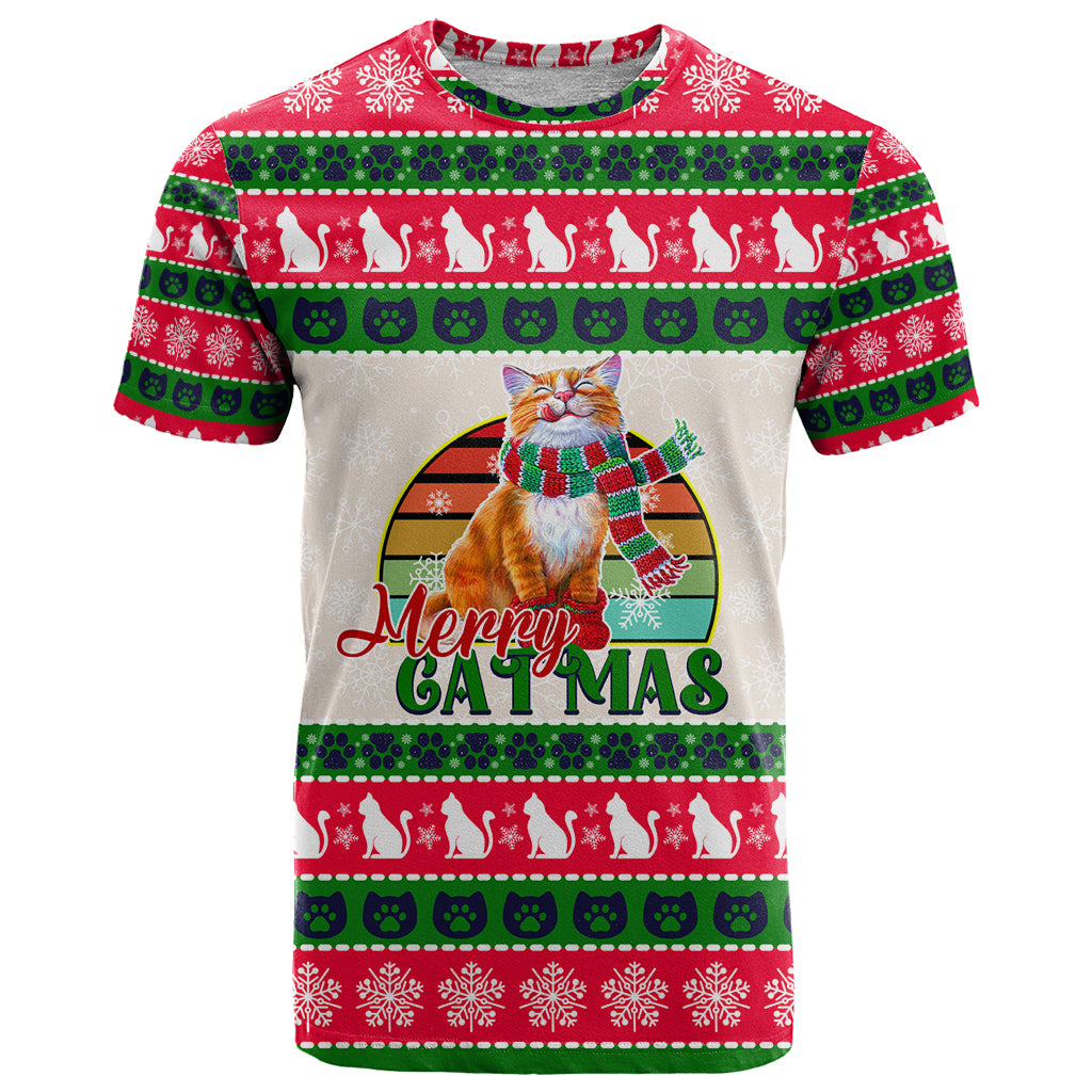 Merry Christmas Cat T Shirt Meowy Catmas Xmas Tree - Wonder Print Shop