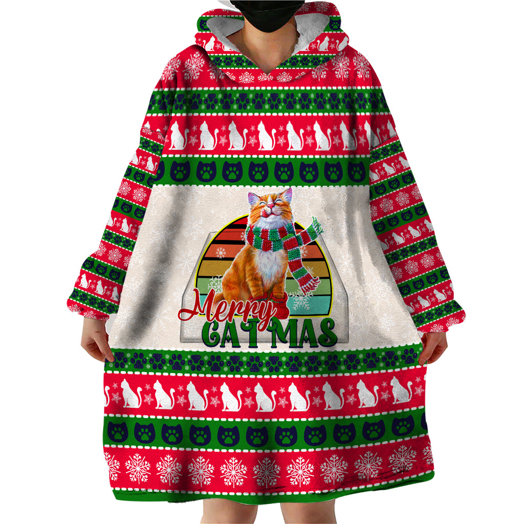 Merry Christmas Cat Wearable Blanket Hoodie Meowy Catmas Xmas Tree - Wonder Print Shop