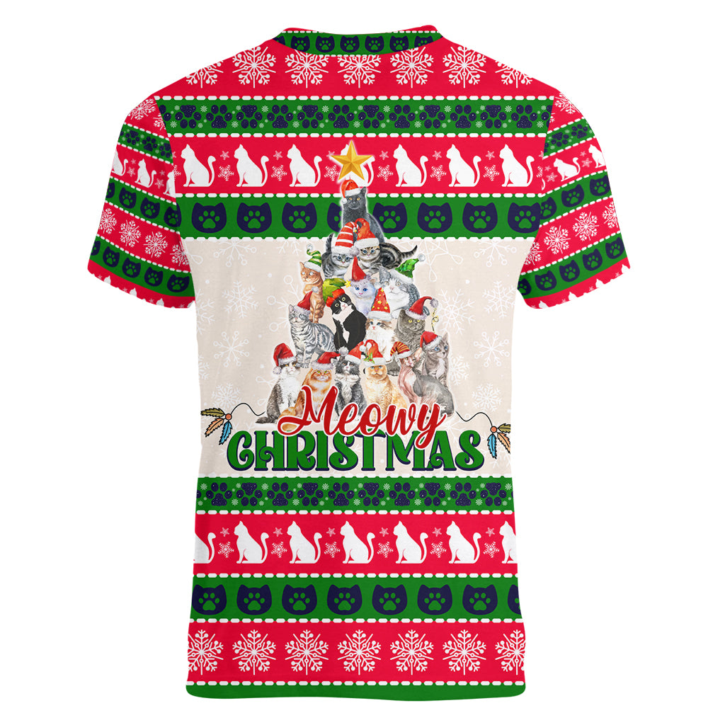 Merry Christmas Cat Women V Neck T Shirt Meowy Catmas Xmas Tree - Wonder Print Shop