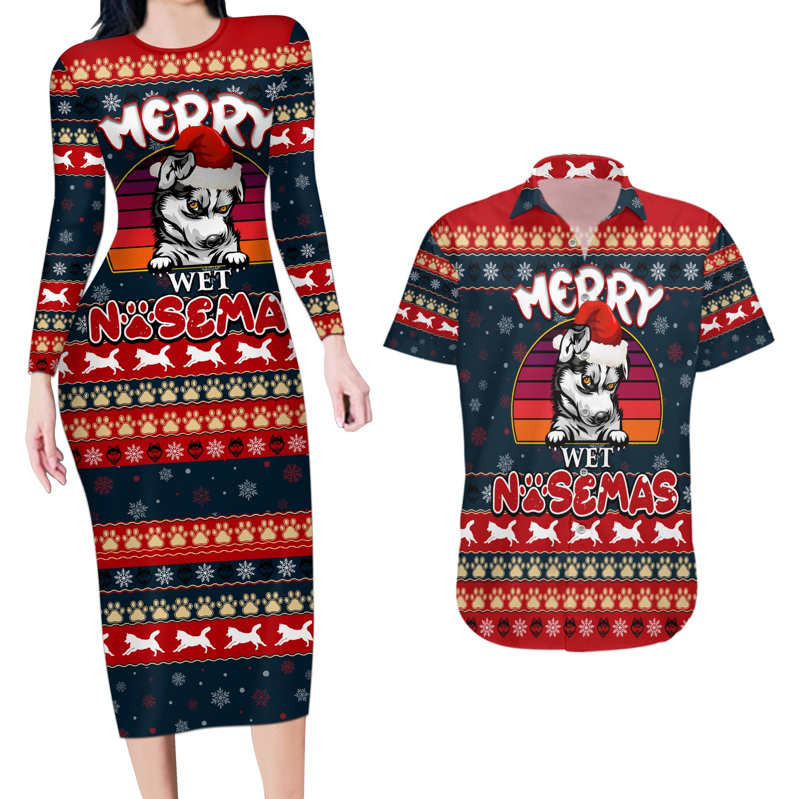 Merry Wet Nosemas Couples Matching Long Sleeve Bodycon Dress and Hawaiian Shirt Christmas Husky - Wonder Print Shop
