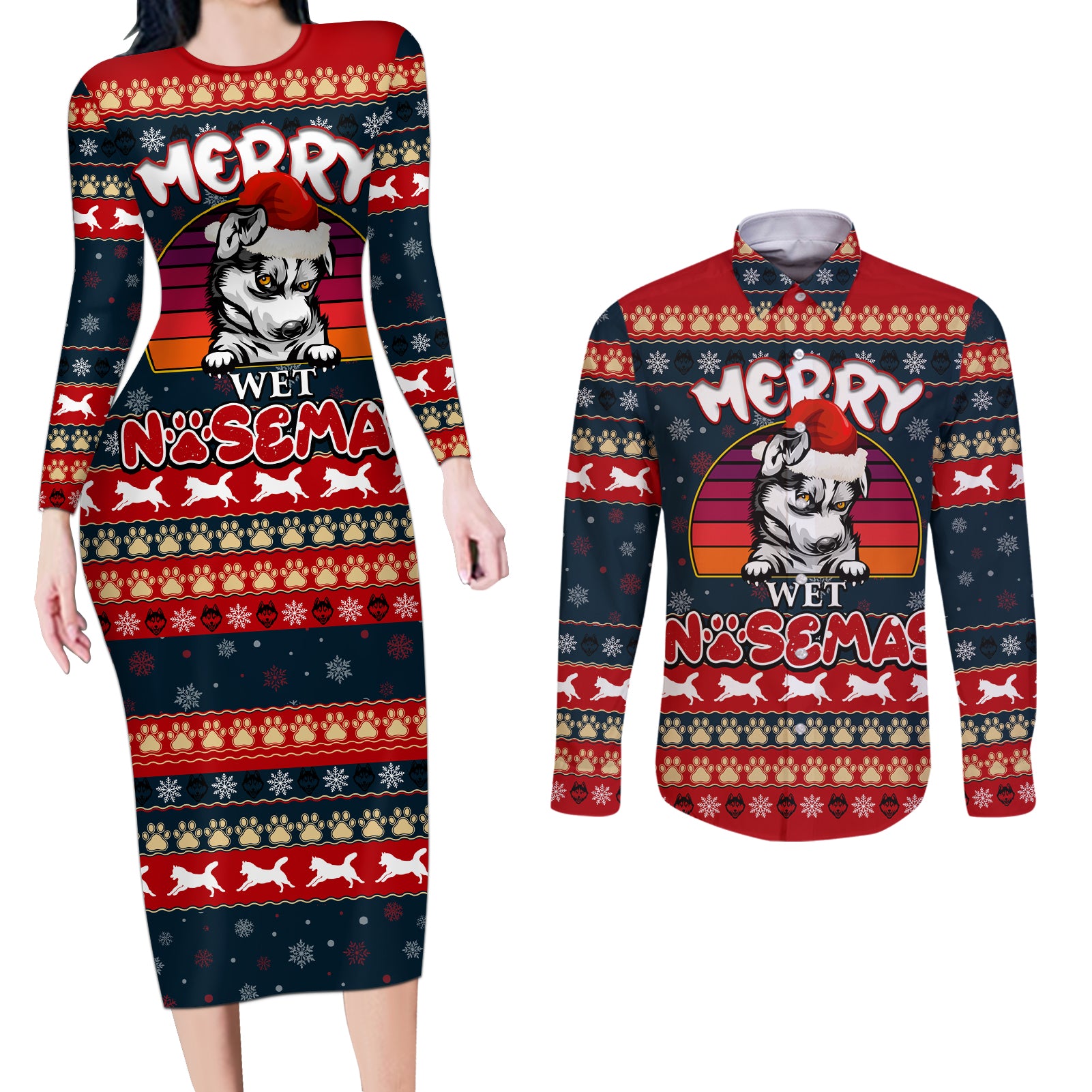 Merry Wet Nosemas Couples Matching Long Sleeve Bodycon Dress and Long Sleeve Button Shirt Christmas Husky - Wonder Print Shop