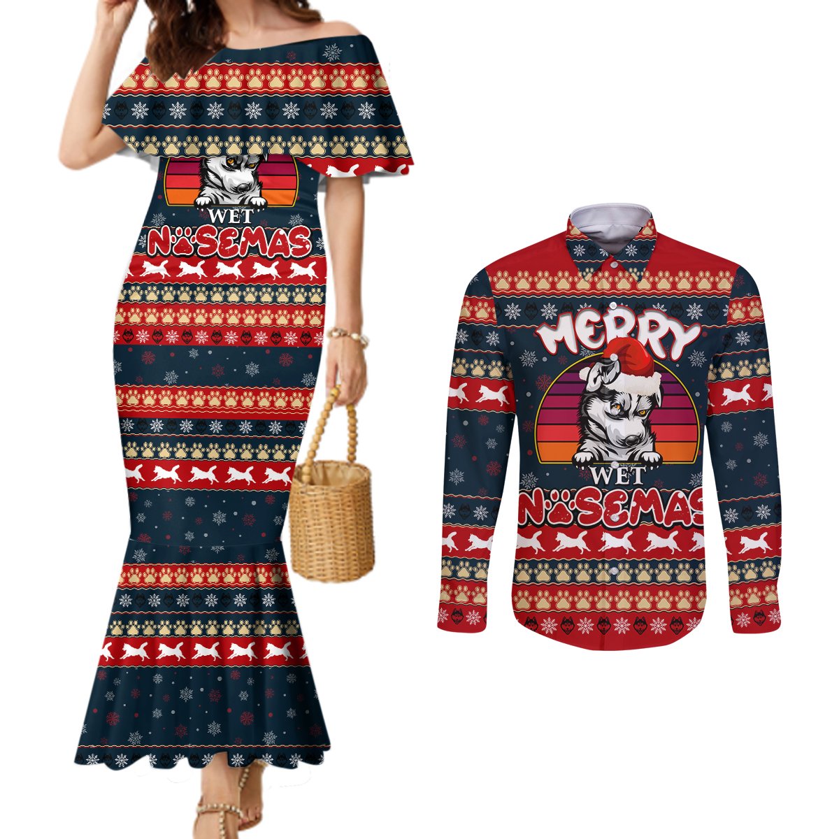 merry-wet-nosemas-couples-matching-mermaid-dress-and-long-sleeve-button-shirt-christmas-husky