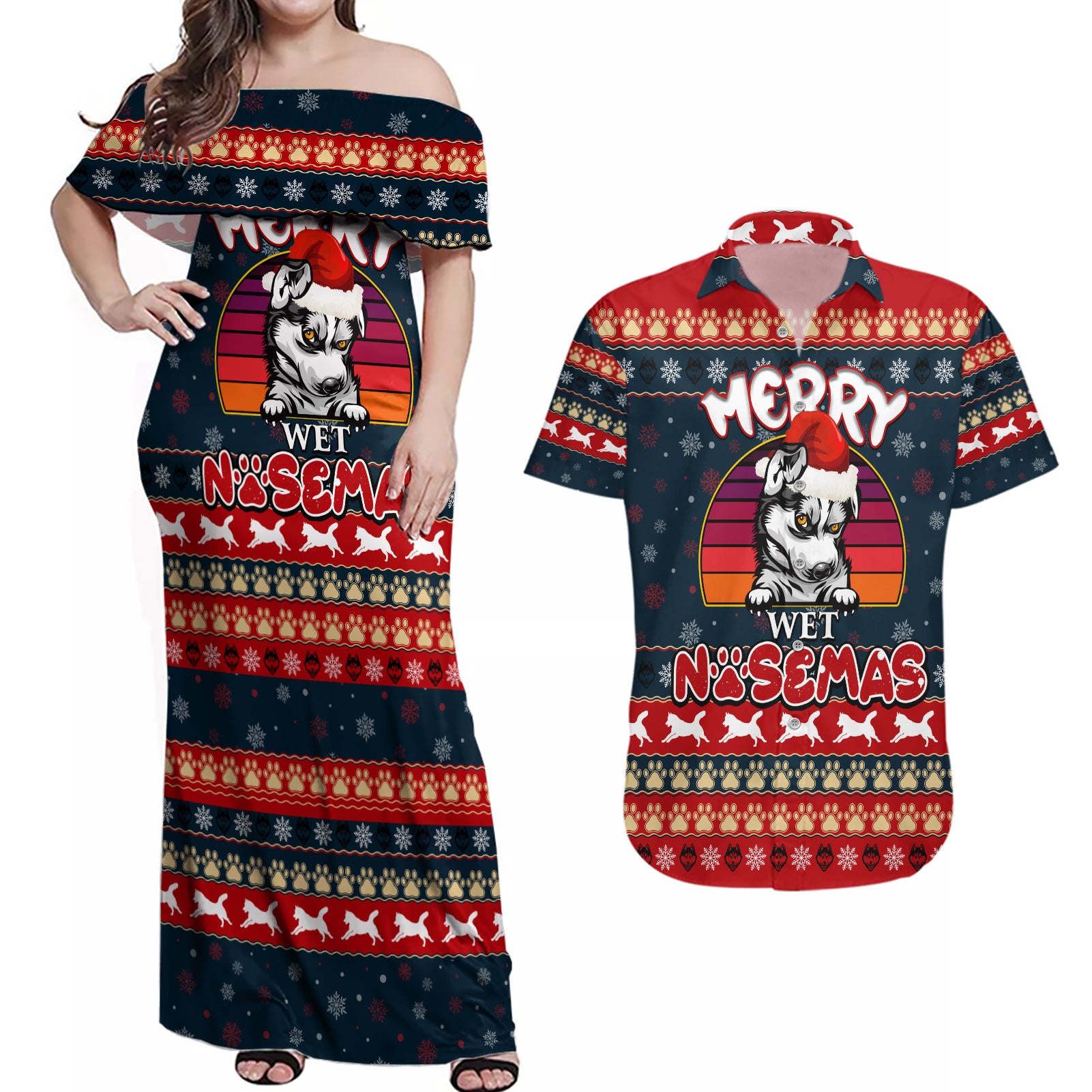 Merry Wet Nosemas Couples Matching Off Shoulder Maxi Dress and Hawaiian Shirt Christmas Husky - Wonder Print Shop