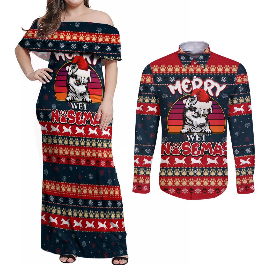 Merry Wet Nosemas Couples Matching Off Shoulder Maxi Dress and Long Sleeve Button Shirt Christmas Husky - Wonder Print Shop