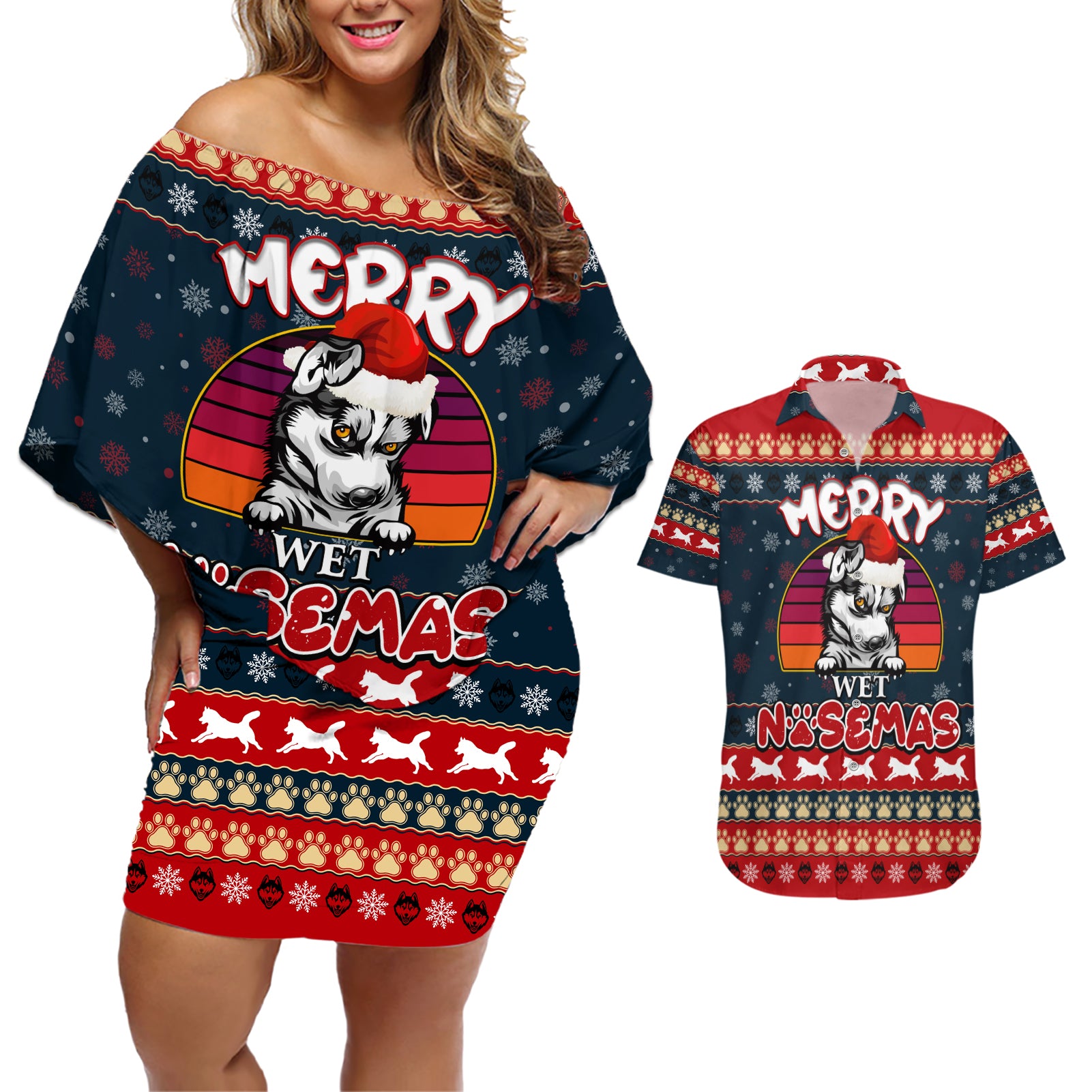 Merry Wet Nosemas Couples Matching Off Shoulder Short Dress and Hawaiian Shirt Christmas Husky - Wonder Print Shop