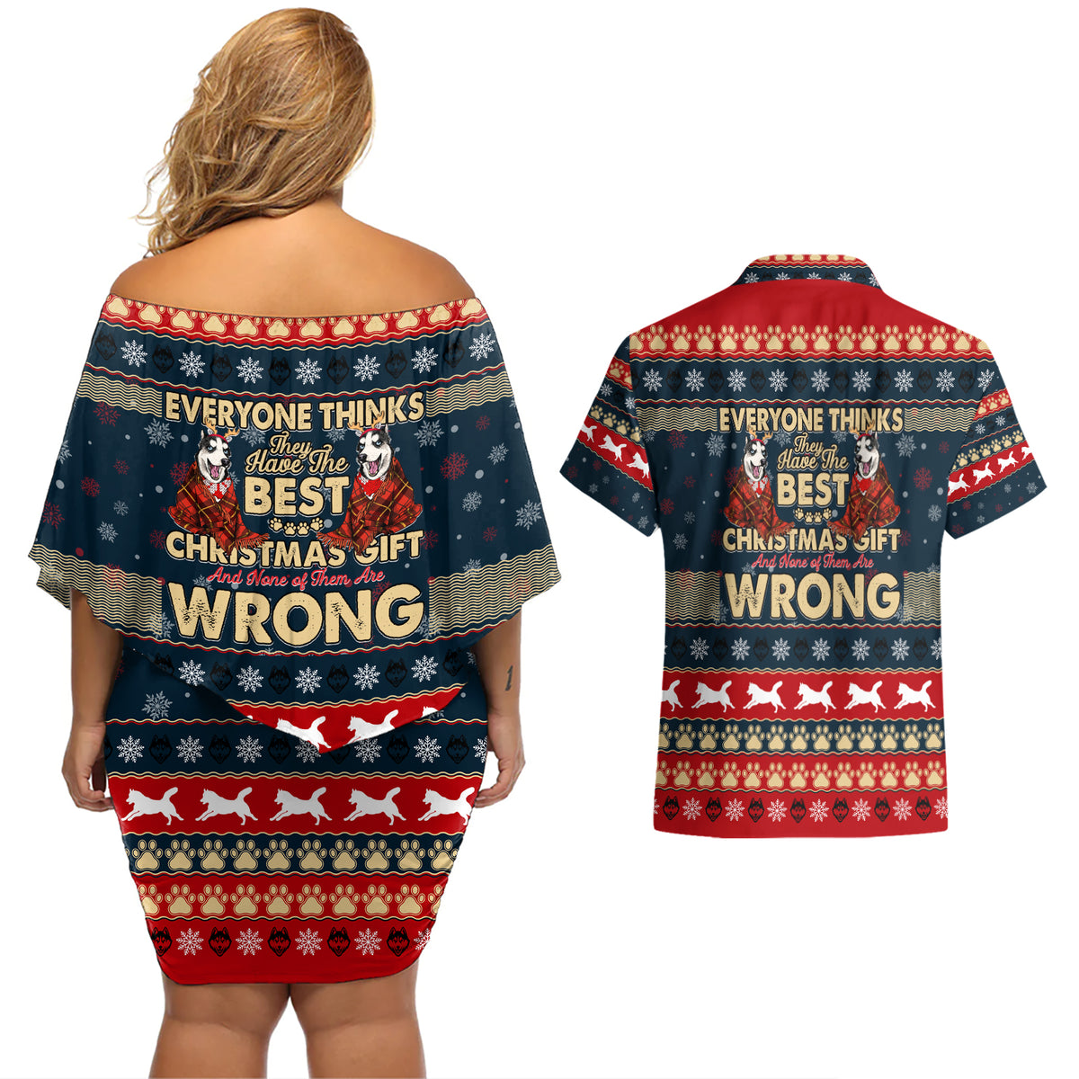 Merry Wet Nosemas Couples Matching Off Shoulder Short Dress and Hawaiian Shirt Christmas Husky - Wonder Print Shop