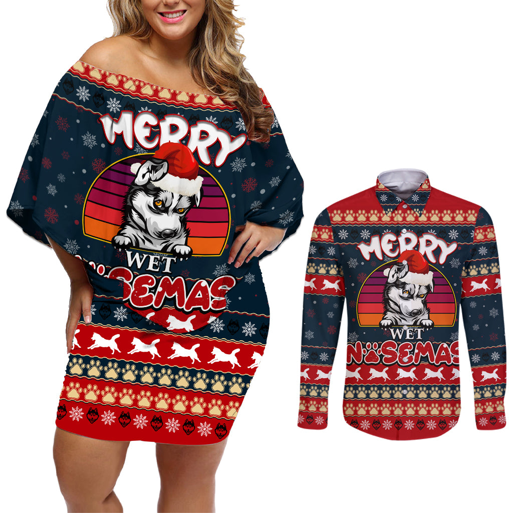Merry Wet Nosemas Couples Matching Off Shoulder Short Dress and Long Sleeve Button Shirt Christmas Husky - Wonder Print Shop