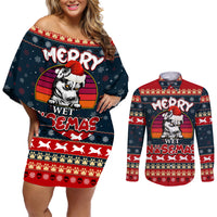 Merry Wet Nosemas Couples Matching Off Shoulder Short Dress and Long Sleeve Button Shirt Christmas Husky - Wonder Print Shop