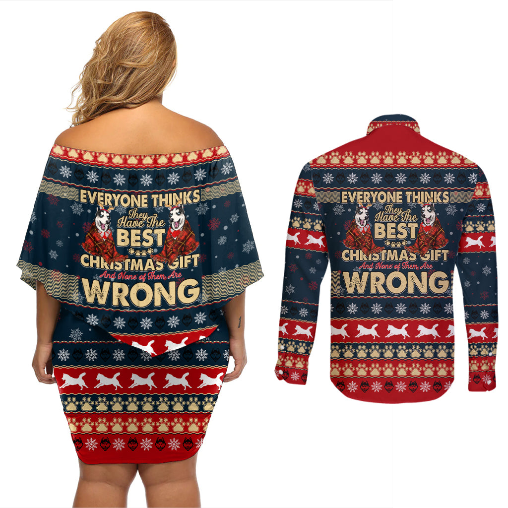 Merry Wet Nosemas Couples Matching Off Shoulder Short Dress and Long Sleeve Button Shirt Christmas Husky - Wonder Print Shop