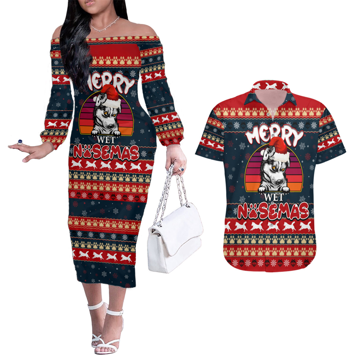 Merry Wet Nosemas Couples Matching Off The Shoulder Long Sleeve Dress and Hawaiian Shirt Christmas Husky - Wonder Print Shop
