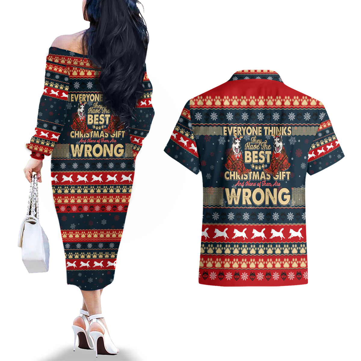 Merry Wet Nosemas Couples Matching Off The Shoulder Long Sleeve Dress and Hawaiian Shirt Christmas Husky - Wonder Print Shop