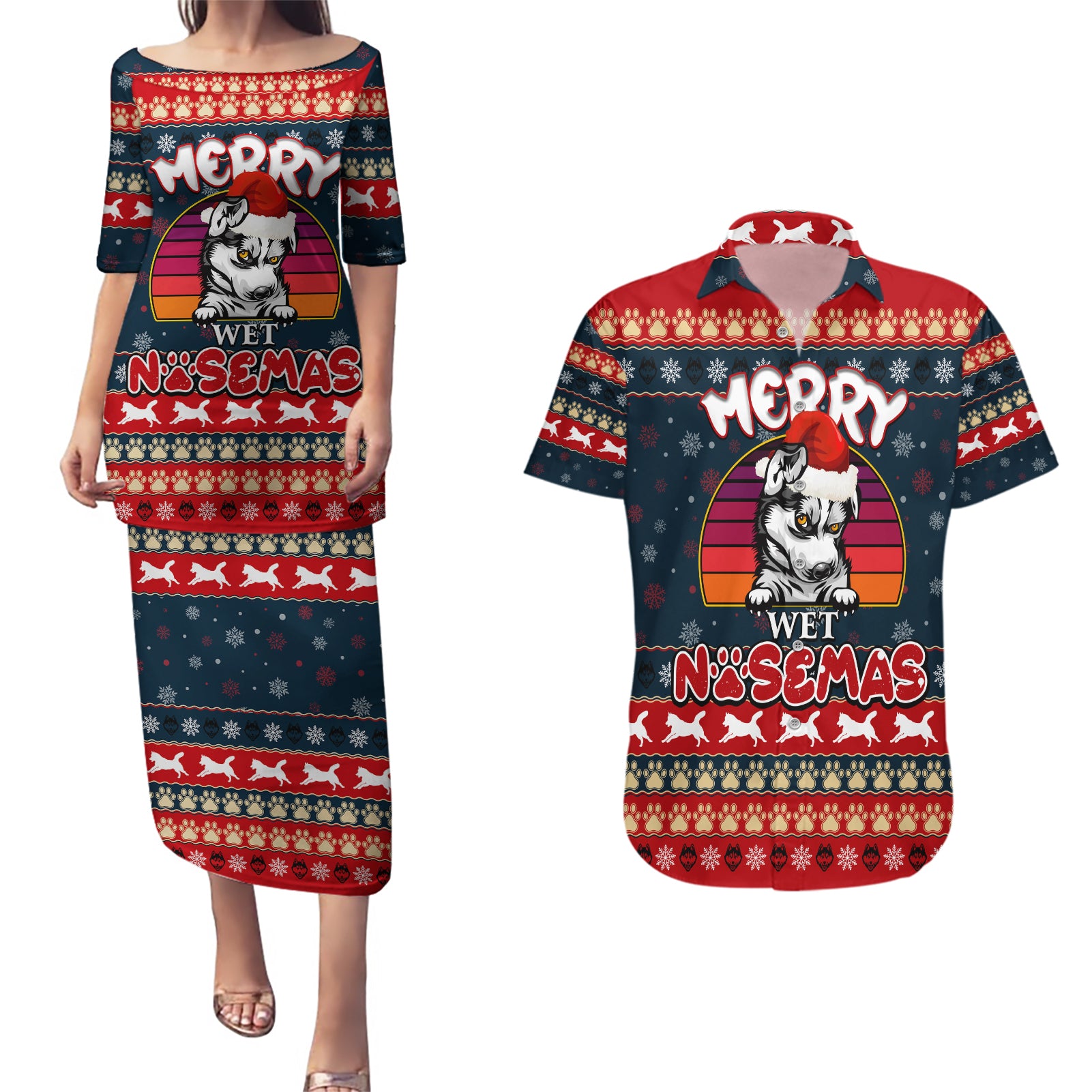 Merry Wet Nosemas Couples Matching Puletasi Dress and Hawaiian Shirt Christmas Husky - Wonder Print Shop