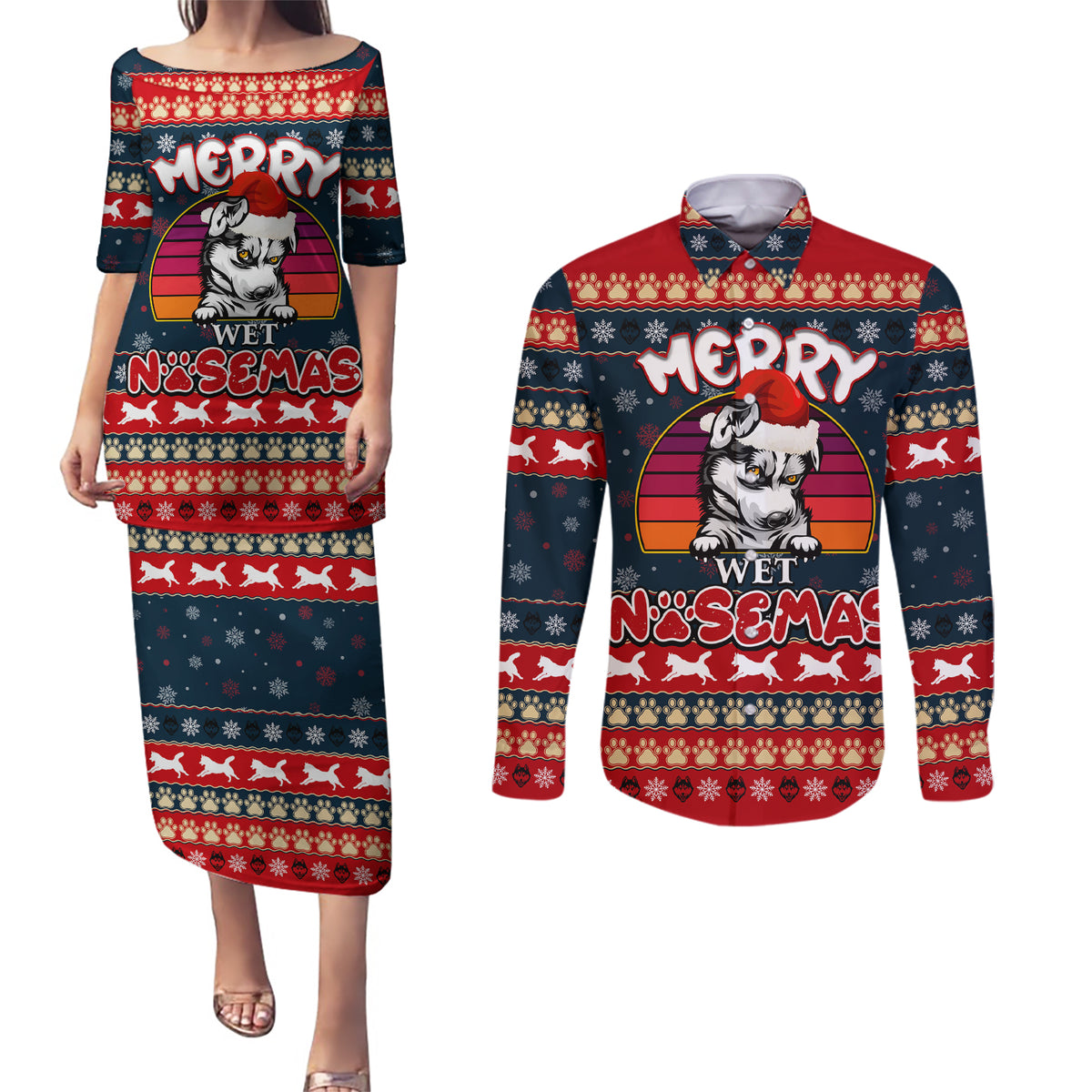 Merry Wet Nosemas Couples Matching Puletasi Dress and Long Sleeve Button Shirt Christmas Husky - Wonder Print Shop